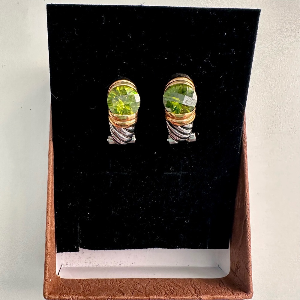 Elegant Gold and Silver Earrings with Green Gemstone